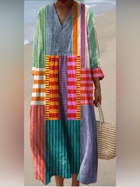 Striped Multicolor Midi Dress with V-Neck